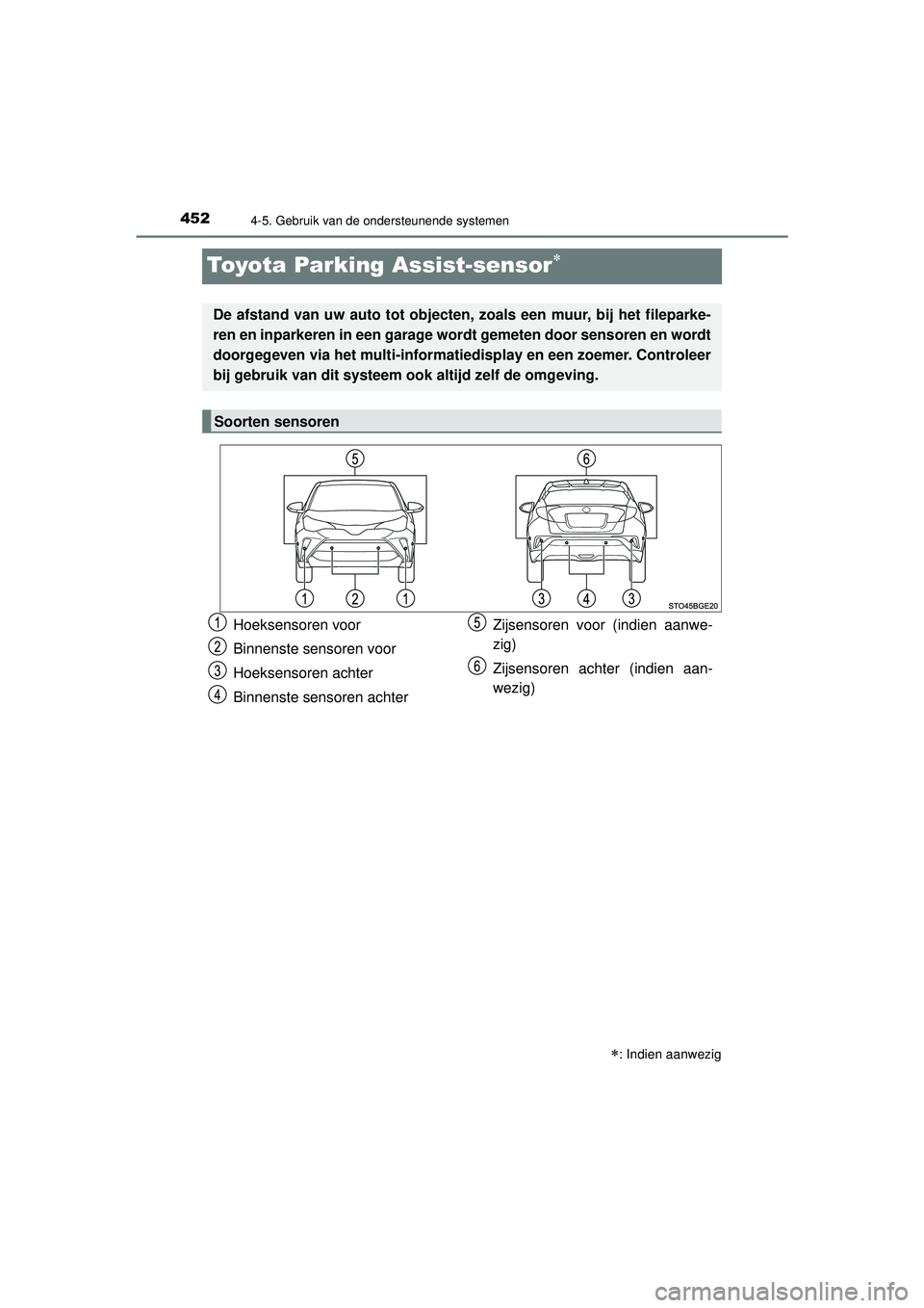 TOYOTA C-HR 2021 Instructieboekje (in Dutch) 4524-5. Gebruik van de ondersteunende systemen
C-HR_HV_OM_Europe_OM10566E
Toyota Parking Assist-sensor
: Indien aanwezig
De afstand van uw auto tot objecten, zoals een muur, bij het fileparke-
r TOYOTA C-HR 2021 Instructieboekje (in Dutch) 4524-5. Gebruik van de ondersteunende systemen
C-HR_HV_OM_Europe_OM10566E
Toyota Parking Assist-sensor
: Indien aanwezig
De afstand van uw auto tot objecten, zoals een muur, bij het fileparke-
r