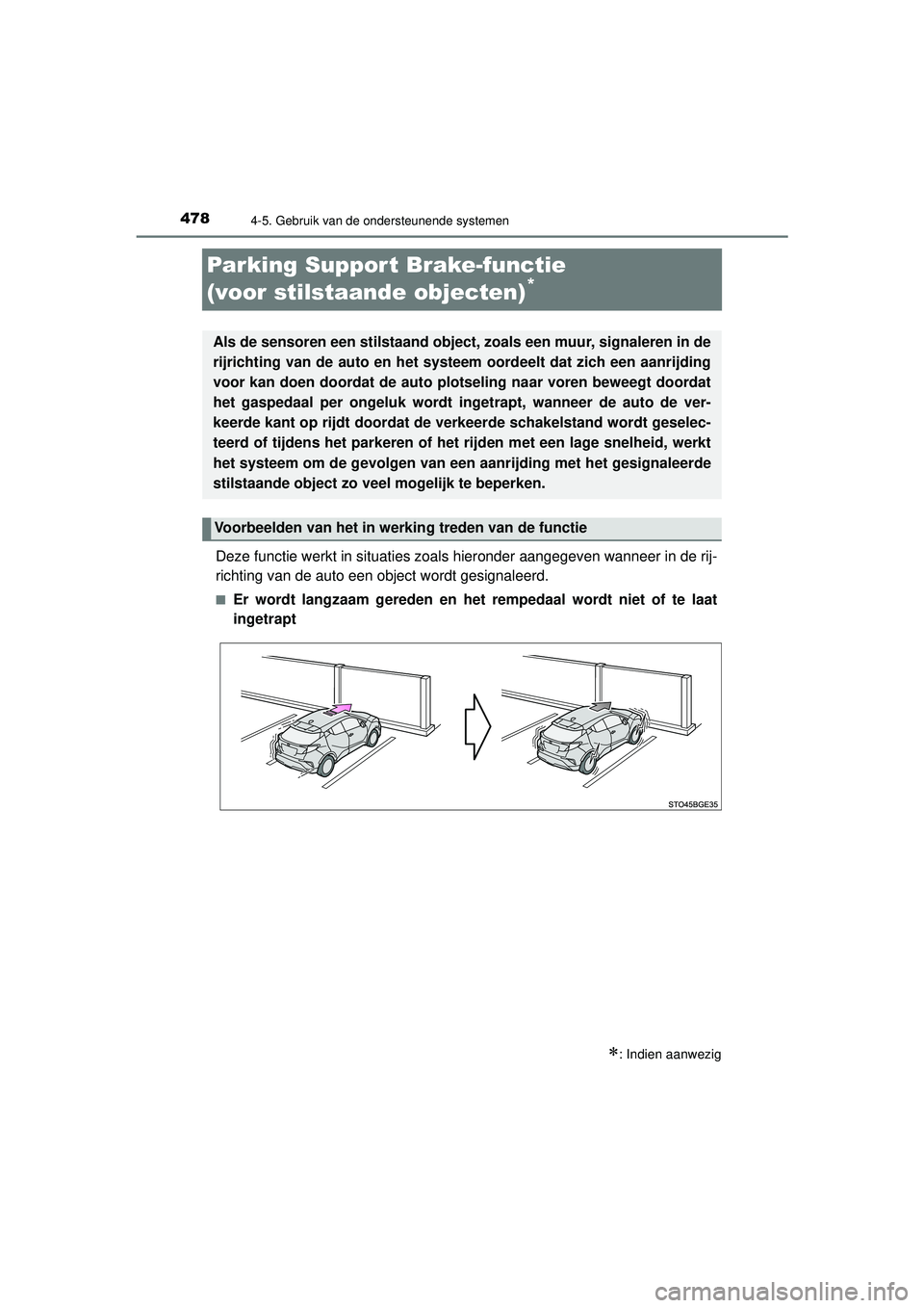 TOYOTA C-HR 2021 Instructieboekje (in Dutch) 4784-5. Gebruik van de ondersteunende systemen
C-HR_HV_OM_Europe_OM10566E
Parking Suppor t Brake-functie
(voor stilstaande objecten)
*
Deze functie werkt in situaties zoals hieronder aangegeven wanne TOYOTA C-HR 2021 Instructieboekje (in Dutch) 4784-5. Gebruik van de ondersteunende systemen
C-HR_HV_OM_Europe_OM10566E
Parking Suppor t Brake-functie
(voor stilstaande objecten)
*
Deze functie werkt in situaties zoals hieronder aangegeven wanne