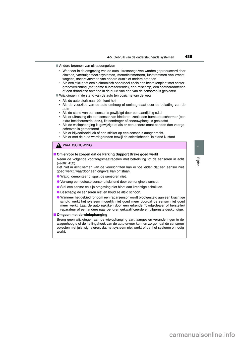 TOYOTA C-HR 2021 Instructieboekje (in Dutch) 4854-5. Gebruik van de ondersteunende systemen
4
Rijden
C-HR_HV_OM_Europe_OM10566E●
Andere bronnen van ultrasoongolven
• Wanneer in de omgeving van de auto ultrasoongolven worden geproduceerd door TOYOTA C-HR 2021 Instructieboekje (in Dutch) 4854-5. Gebruik van de ondersteunende systemen
4
Rijden
C-HR_HV_OM_Europe_OM10566E●
Andere bronnen van ultrasoongolven
• Wanneer in de omgeving van de auto ultrasoongolven worden geproduceerd door