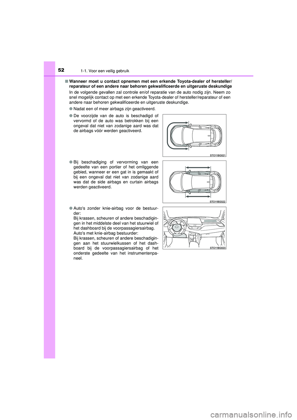 TOYOTA C-HR 2021  Instructieboekje (in Dutch) 521-1. Voor een veilig gebruik
C-HR_HV_OM_Europe_OM10566E■
Wanneer moet u contact opnemen met een  erkende Toyota-dealer of hersteller/
reparateur of een andere naar behoren gekwalificeerde en uitge