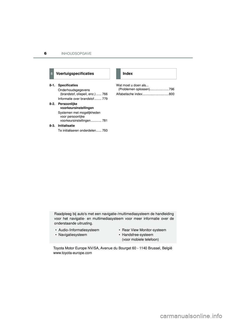 TOYOTA C-HR 2021  Instructieboekje (in Dutch) INHOUDSOPGAVE6
C-HR_HV_OM_Europe_OM10566E8-1. Specificaties
Onderhoudsgegevens (brandstof, oliepeil, enz.) ...... 766
Informatie over brandstof ........ 779
8-2. Persoonlijke  voorkeursinstellingen
Sy