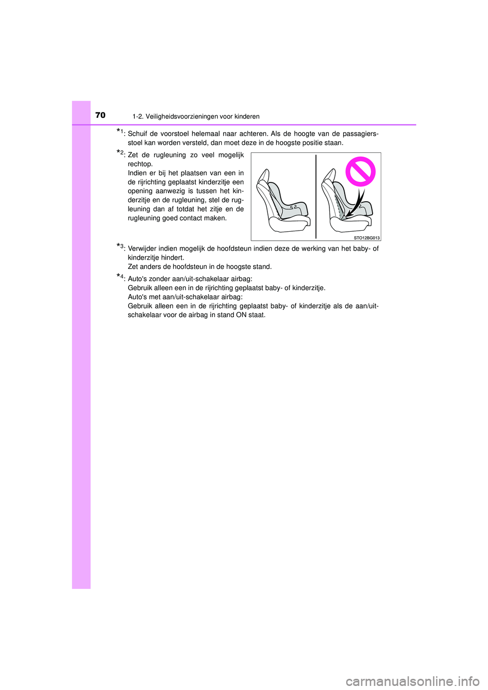 TOYOTA C-HR 2021  Instructieboekje (in Dutch) 701-2. Veiligheidsvoorzieningen voor kinderen
C-HR_HV_OM_Europe_OM10566E
*1: Schuif de voorstoel helemaal naar achteren. Als de hoogte van de passagiers-
stoel kan worden versteld, dan moet deze in de