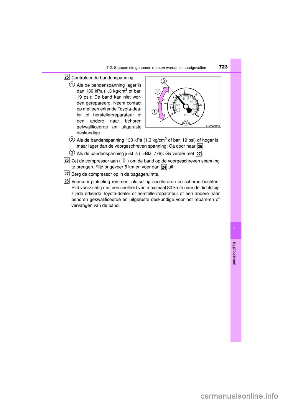 TOYOTA C-HR 2021  Instructieboekje (in Dutch) 7237-2. Stappen die genomen moeten worden in noodgevallen
C-HR_HV_OM_Europe_OM10566E
7
Bij problemen
Controleer de bandenspanning.Als de bandenspanning lager is
dan 130 kPa (1,3 kg/cm
2 of bar,
19 psi