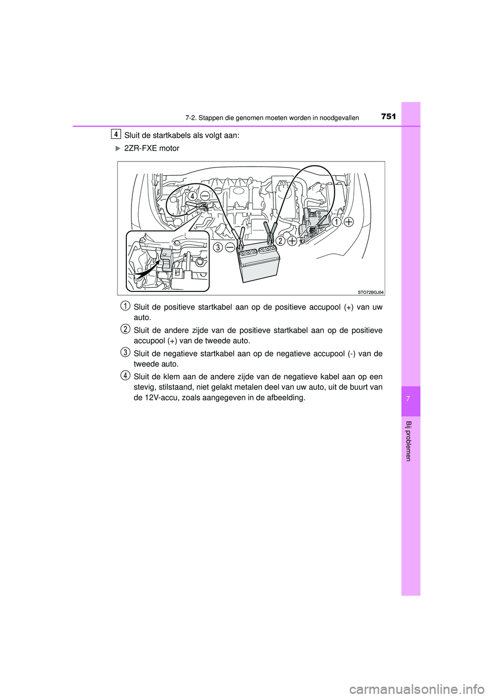 TOYOTA C-HR 2021  Instructieboekje (in Dutch) 7517-2. Stappen die genomen moeten worden in noodgevallen
C-HR_HV_OM_Europe_OM10566E
7
Bij problemen
Sluit de startkabels als volgt aan:
2ZR-FXE motorSluit de positieve startkabel aan op de positie
