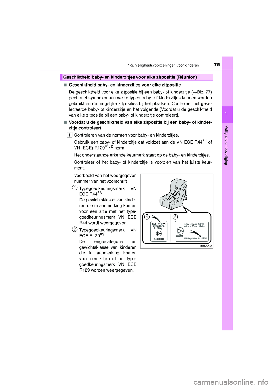 TOYOTA C-HR 2021  Instructieboekje (in Dutch) 751-2. Veiligheidsvoorzieningen voor kinderen
1
Veiligheid en beveiliging
C-HR_HV_OM_Europe_OM10566E■
Geschiktheid baby- en kinderzitjes voor elke zitpositie
De geschiktheid voor elke zitpositie bij