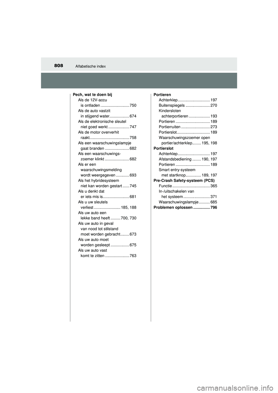 TOYOTA C-HR 2021  Instructieboekje (in Dutch) 808Alfabetische index
C-HR_HV_OM_Europe_OM10566EPech, wat te doen bij
Als de 12V-accu 
is ontladen .......................... 750
Als de auto vastzit  in stijgend water.................. 674
Als de el
