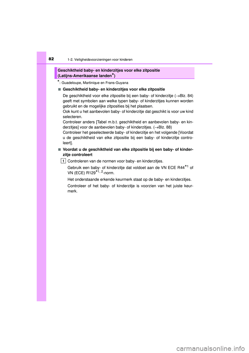 TOYOTA C-HR 2021  Instructieboekje (in Dutch) 821-2. Veiligheidsvoorzieningen voor kinderen
C-HR_HV_OM_Europe_OM10566E
*: Guadeloupe, Martinique en Frans-Guyana
■
Geschiktheid baby- en kinderzitjes voor elke zitpositie
De geschiktheid voor elke
