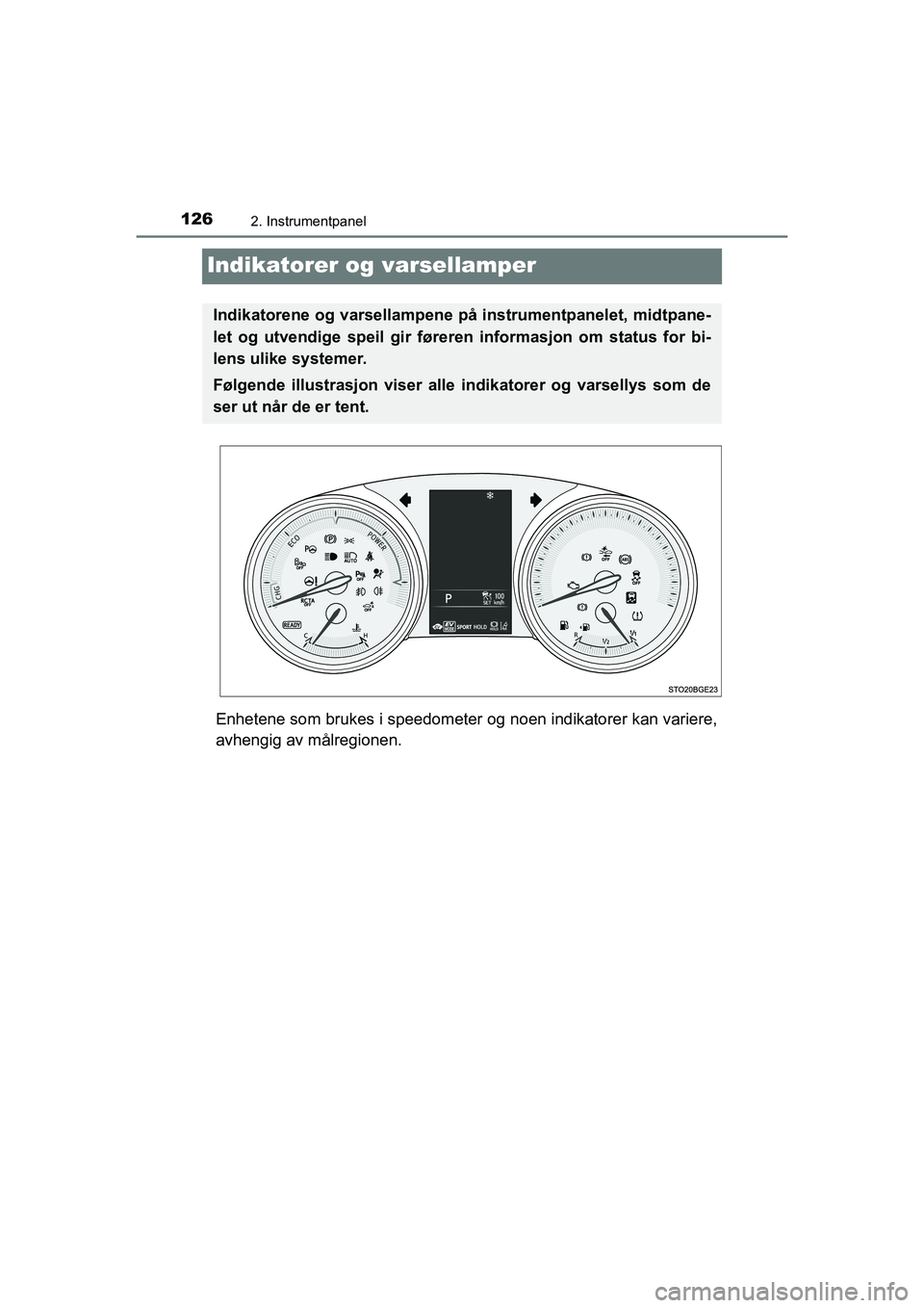 TOYOTA C-HR 2020  Instruksjoner for bruk (in Norwegian) 1262. Instrumentpanel
C-HR_HV_OM_Europe_OM10566NO
Indikatorer og varsellamper
Enhetene som brukes i speedometer og noen indikatorer kan variere,
avhengig av målregionen.
Indikatorene og varsellampene