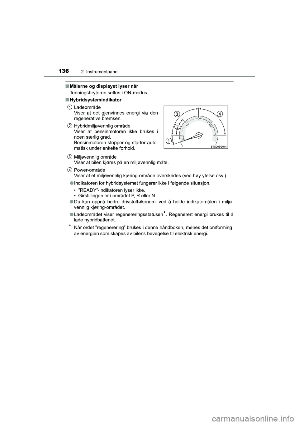 TOYOTA C-HR 2020 Instruksjoner for bruk (in Norwegian) 1362. Instrumentpanel
C-HR_HV_OM_Europe_OM10566NO
nMålerne og displayet lyser når
Tenningsbryteren settes i ON-modus.
n Hybridsystemindikator
Miljøvennlig område
Viser at bilen kjøres på en milj TOYOTA C-HR 2020 Instruksjoner for bruk (in Norwegian) 1362. Instrumentpanel
C-HR_HV_OM_Europe_OM10566NO
nMålerne og displayet lyser når
Tenningsbryteren settes i ON-modus.
n Hybridsystemindikator
Miljøvennlig område
Viser at bilen kjøres på en milj