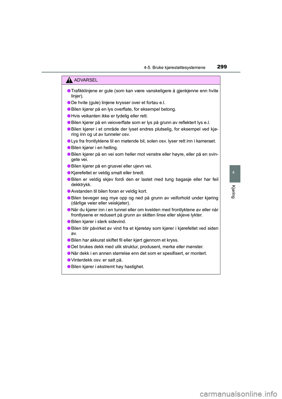TOYOTA C-HR 2020 Instruksjoner for bruk (in Norwegian) 2994-5. Bruke kjørestøttesystemene
4
Kjøring
C-HR_HV_OM_Europe_OM10566NO
ADVARSEL
lTrafikklinjene er gule (som kan være vanskeligere å gjenkjenne enn hvite
linjer).
l De hvite (gule) linjene krys TOYOTA C-HR 2020 Instruksjoner for bruk (in Norwegian) 2994-5. Bruke kjørestøttesystemene
4
Kjøring
C-HR_HV_OM_Europe_OM10566NO
ADVARSEL
lTrafikklinjene er gule (som kan være vanskeligere å gjenkjenne enn hvite
linjer).
l De hvite (gule) linjene krys