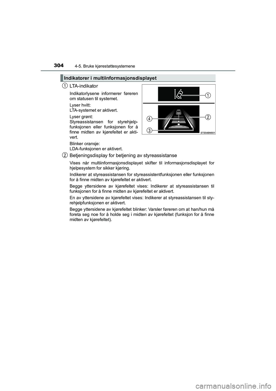 TOYOTA C-HR 2021  Instruksjoner for bruk (in Norwegian) 3044-5. Bruke kjørestøttesystemene
C-HR_HV_OM_Europe_OM10566NO
LTA - i n d i k a t o r
Indikatorlysene informerer føreren
om statusen til systemet.
Lyser hvitt: 
LTA-systemet er aktivert.
Lyser gr