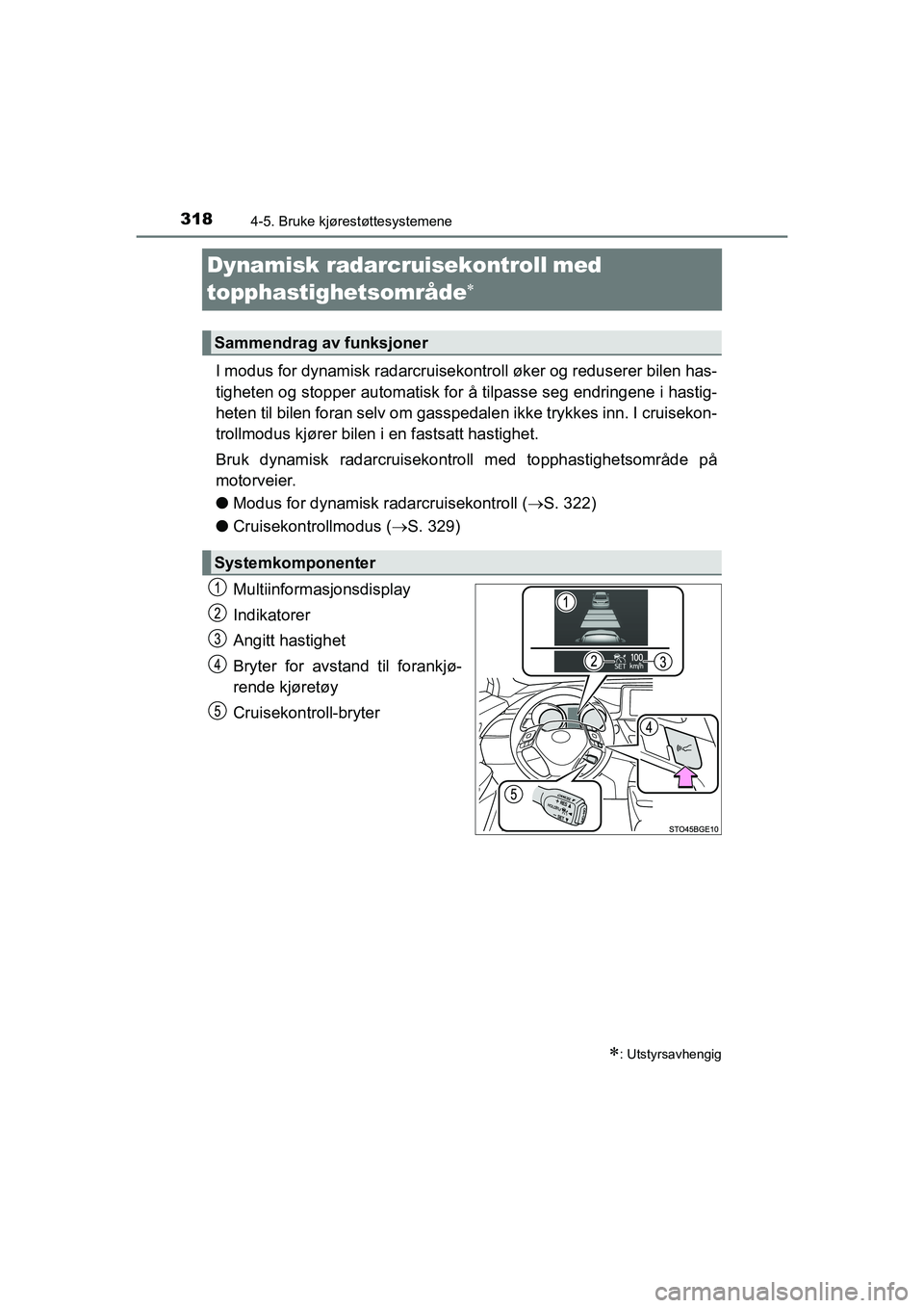 TOYOTA C-HR 2021 Instruksjoner for bruk (in Norwegian) 3184-5. Bruke kjørestøttesystemene
C-HR_HV_OM_Europe_OM10566NO
Dynamisk radarcruisekontrollï€ med
topphastighetsområde

I modus for dynamisk radarcruisekontroll øker og reduserer bilen has-
ti TOYOTA C-HR 2021 Instruksjoner for bruk (in Norwegian) 3184-5. Bruke kjørestøttesystemene
C-HR_HV_OM_Europe_OM10566NO
Dynamisk radarcruisekontrollï€ med
topphastighetsområde

I modus for dynamisk radarcruisekontroll øker og reduserer bilen has-
ti