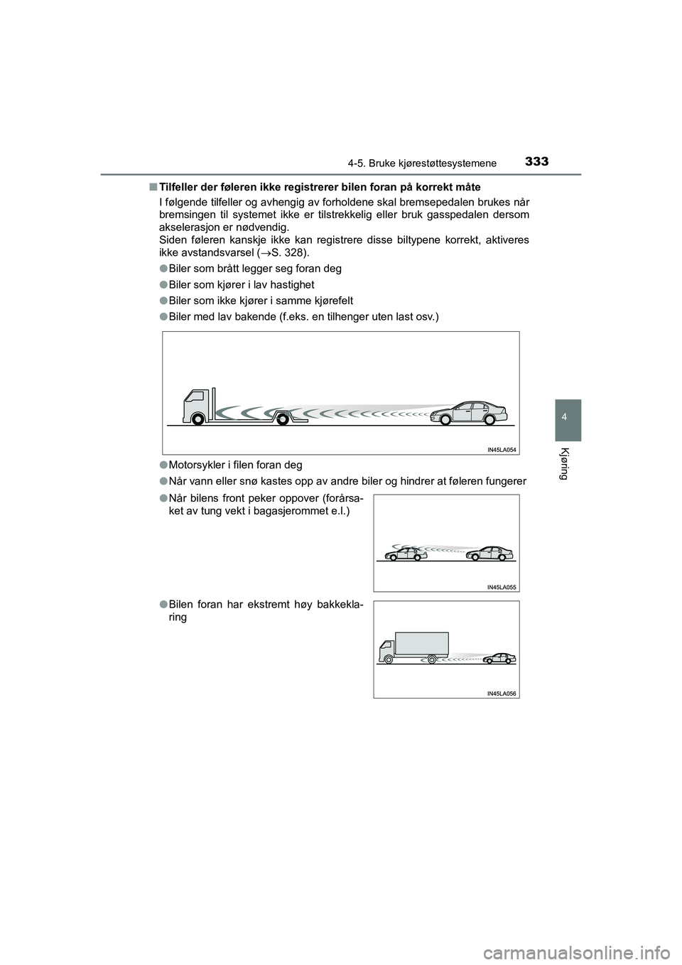 TOYOTA C-HR 2020 Instruksjoner for bruk (in Norwegian) 3334-5. Bruke kjørestøttesystemene
4
Kjøring
C-HR_HV_OM_Europe_OM10566NOn
Tilfeller der føleren ikke registrerer bilen foran på korrekt måte
I følgende tilfeller og avhengig av forholdene skal TOYOTA C-HR 2020 Instruksjoner for bruk (in Norwegian) 3334-5. Bruke kjørestøttesystemene
4
Kjøring
C-HR_HV_OM_Europe_OM10566NOn
Tilfeller der føleren ikke registrerer bilen foran på korrekt måte
I følgende tilfeller og avhengig av forholdene skal