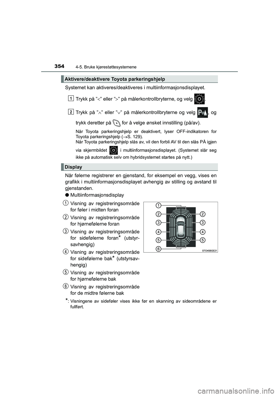 TOYOTA C-HR 2021 Instruksjoner for bruk (in Norwegian) 3544-5. Bruke kjørestøttesystemene
C-HR_HV_OM_Europe_OM10566NO
Systemet kan aktiveres/deaktiveres i multiinformasjonsdisplayet.
Trykk på ˮ ˮ eller ˮˮ på målerkontrollbryterne, og vel TOYOTA C-HR 2021 Instruksjoner for bruk (in Norwegian) 3544-5. Bruke kjørestøttesystemene
C-HR_HV_OM_Europe_OM10566NO
Systemet kan aktiveres/deaktiveres i multiinformasjonsdisplayet.
Trykk på ˮ ˮ eller ˮˮ på målerkontrollbryterne, og vel
