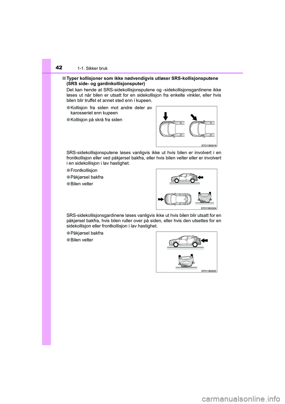 TOYOTA C-HR 2020 Instruksjoner for bruk (in Norwegian) 421-1. Sikker bruk
C-HR_HV_OM_Europe_OM10566NOn
Typer kollisjoner som ikke nødvendigv is utløser SRS-kollisjonsputene
(SRS side- og gardinkollisjonsputer)
Det kan hende at SRS-sidekollisjonsputene TOYOTA C-HR 2020 Instruksjoner for bruk (in Norwegian) 421-1. Sikker bruk
C-HR_HV_OM_Europe_OM10566NOn
Typer kollisjoner som ikke nødvendigv is utløser SRS-kollisjonsputene
(SRS side- og gardinkollisjonsputer)
Det kan hende at SRS-sidekollisjonsputene