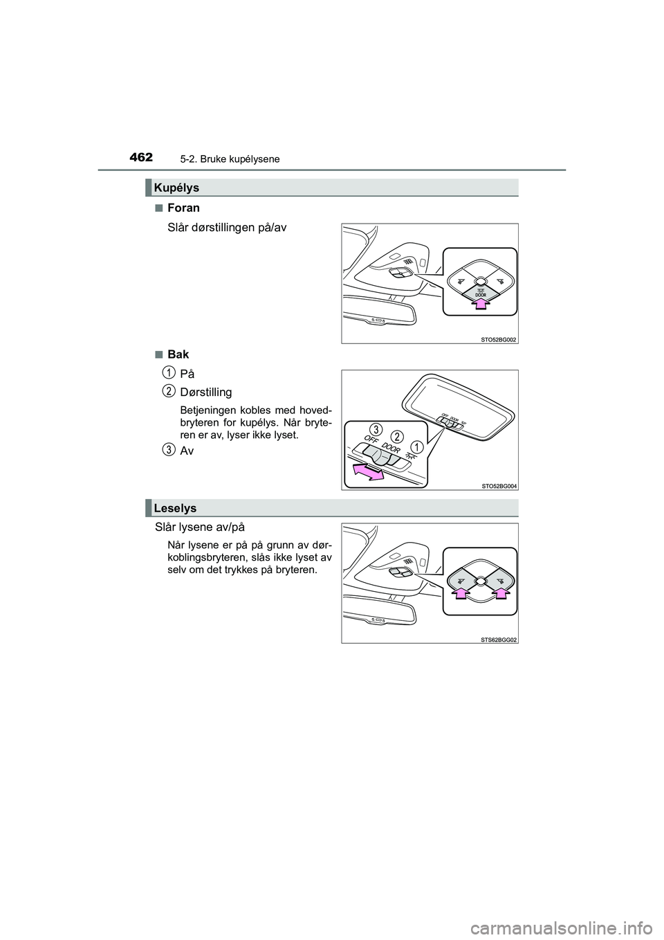 TOYOTA C-HR 2021 Instruksjoner for bruk (in Norwegian) 4625-2. Bruke kupélysene
C-HR_HV_OM_Europe_OM10566NOn
Foran
Slår dørstillingen på/av
nBak
På
Dørstilling
Betjeningen kobles med hoved-
bryteren for kupélys. Når bryte-
ren er av, lyser ikke ly TOYOTA C-HR 2021 Instruksjoner for bruk (in Norwegian) 4625-2. Bruke kupélysene
C-HR_HV_OM_Europe_OM10566NOn
Foran
Slår dørstillingen på/av
nBak
På
Dørstilling
Betjeningen kobles med hoved-
bryteren for kupélys. Når bryte-
ren er av, lyser ikke ly