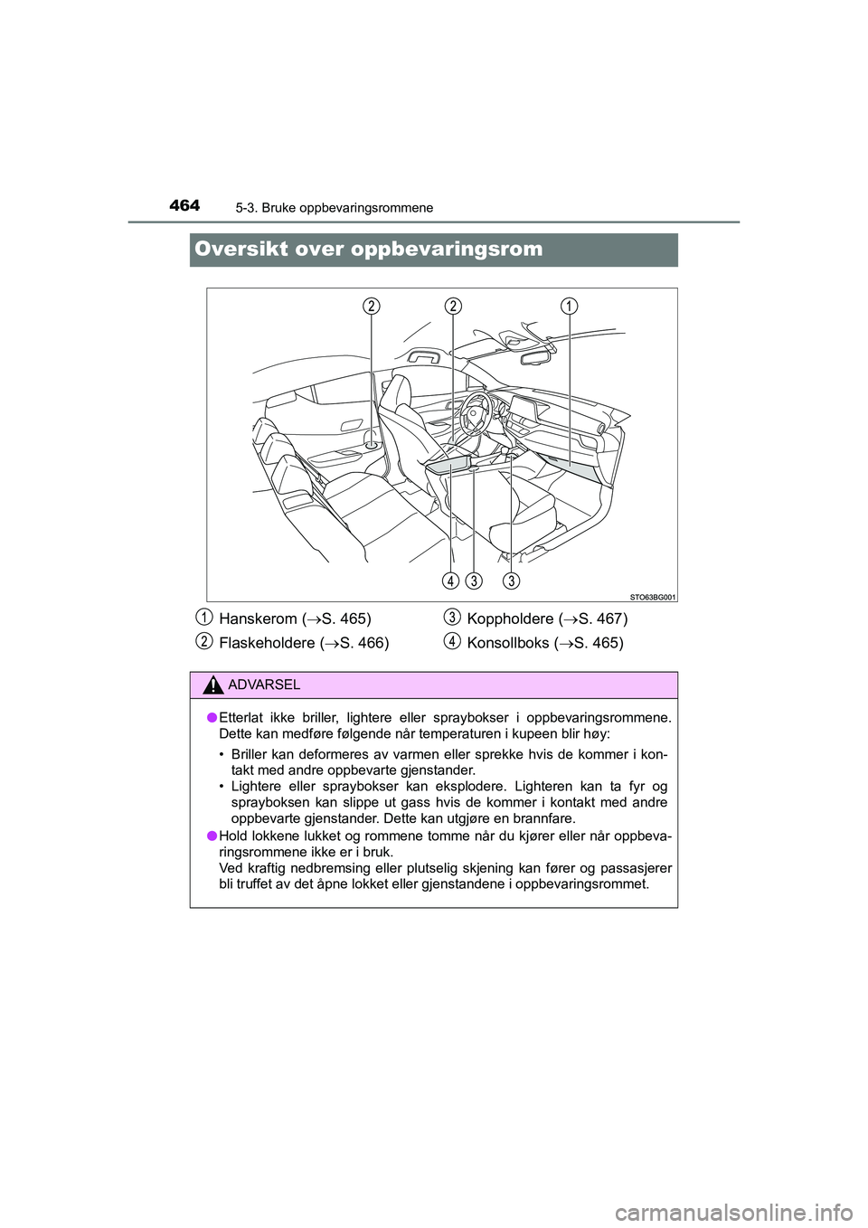 TOYOTA C-HR 2020  Instruksjoner for bruk (in Norwegian) 4645-3. Bruke oppbevaringsrommene
C-HR_HV_OM_Europe_OM10566NO
Oversikt over oppbevaringsrom
Hanskerom (S. 465)
Flaskeholdere ( S. 466) Koppholdere (
S. 467)
Konsollboks ( S. 465)
ADVARSEL
