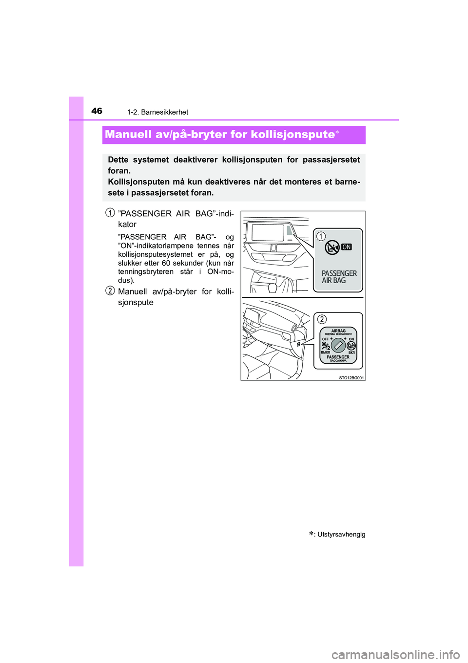 TOYOTA C-HR 2020 Instruksjoner for bruk (in Norwegian) 461-2. Barnesikkerhet
C-HR_HV_OM_Europe_OM10566NO
Manuell av/på-bryter for kollisjonspute
ˮ PASSENGER AIR BAG ˮ-indi-
kator
ˮ PASSENGER AIR BAG ˮ- og
ˮ ON ˮ-indikatorlampene tennes når
ko TOYOTA C-HR 2020 Instruksjoner for bruk (in Norwegian) 461-2. Barnesikkerhet
C-HR_HV_OM_Europe_OM10566NO
Manuell av/på-bryter for kollisjonspute
ˮ PASSENGER AIR BAG ˮ-indi-
kator
ˮ PASSENGER AIR BAG ˮ- og
ˮ ON ˮ-indikatorlampene tennes når
ko