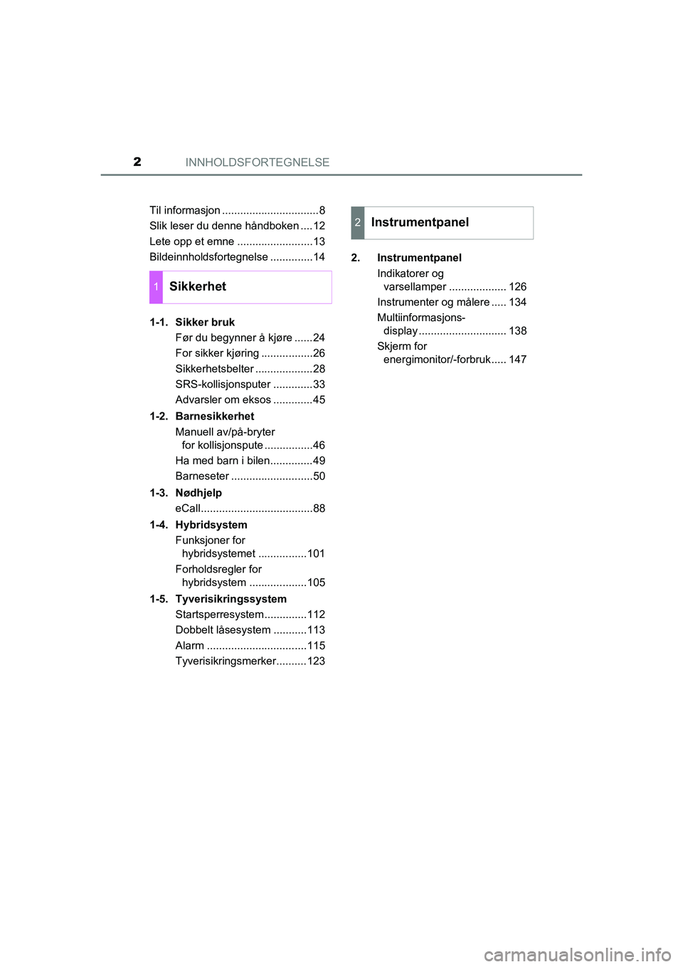 TOYOTA C-HR 2021  Instruksjoner for bruk (in Norwegian) INNHOLDSFORTEGNELSE2
C-HR_HV_OM_Europe_OM10566NOTil informasjon ................................8
Slik leser du denne håndboken ....12
Lete opp et emne .........................13
Bildeinnholdsforteg