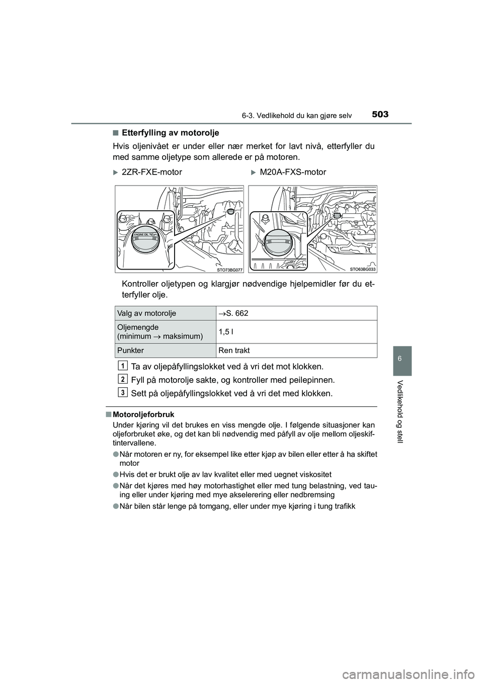 TOYOTA C-HR 2021 Instruksjoner for bruk (in Norwegian) 5036-3. Vedlikehold du kan gjøre selv
C-HR_HV_OM_Europe_OM10566NO
6
Vedlikehold og stell
nEtterfylling av motorolje
Hvis oljenivået er under eller nær merket for lavt nivå, etterfyller du
med samm TOYOTA C-HR 2021 Instruksjoner for bruk (in Norwegian) 5036-3. Vedlikehold du kan gjøre selv
C-HR_HV_OM_Europe_OM10566NO
6
Vedlikehold og stell
nEtterfylling av motorolje
Hvis oljenivået er under eller nær merket for lavt nivå, etterfyller du
med samm