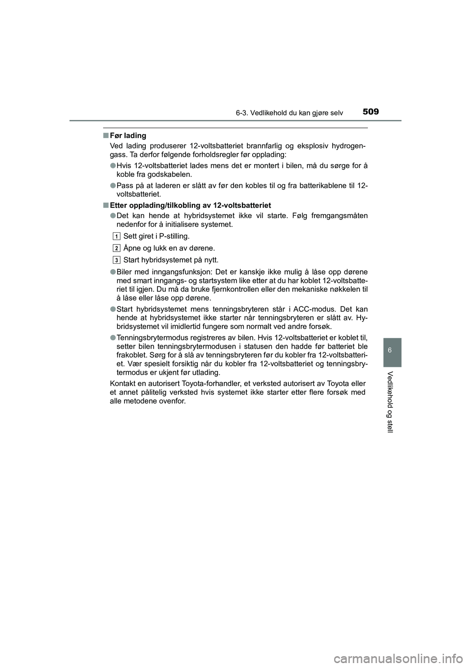 TOYOTA C-HR 2021 Instruksjoner for bruk (in Norwegian) 5096-3. Vedlikehold du kan gjøre selv
C-HR_HV_OM_Europe_OM10566NO
6
Vedlikehold og stell
nFør lading
Ved lading produserer 12-voltsbatteriet brannfarlig og eksplosiv hydrogen-
gass. Ta derfor følge TOYOTA C-HR 2021 Instruksjoner for bruk (in Norwegian) 5096-3. Vedlikehold du kan gjøre selv
C-HR_HV_OM_Europe_OM10566NO
6
Vedlikehold og stell
nFør lading
Ved lading produserer 12-voltsbatteriet brannfarlig og eksplosiv hydrogen-
gass. Ta derfor følge