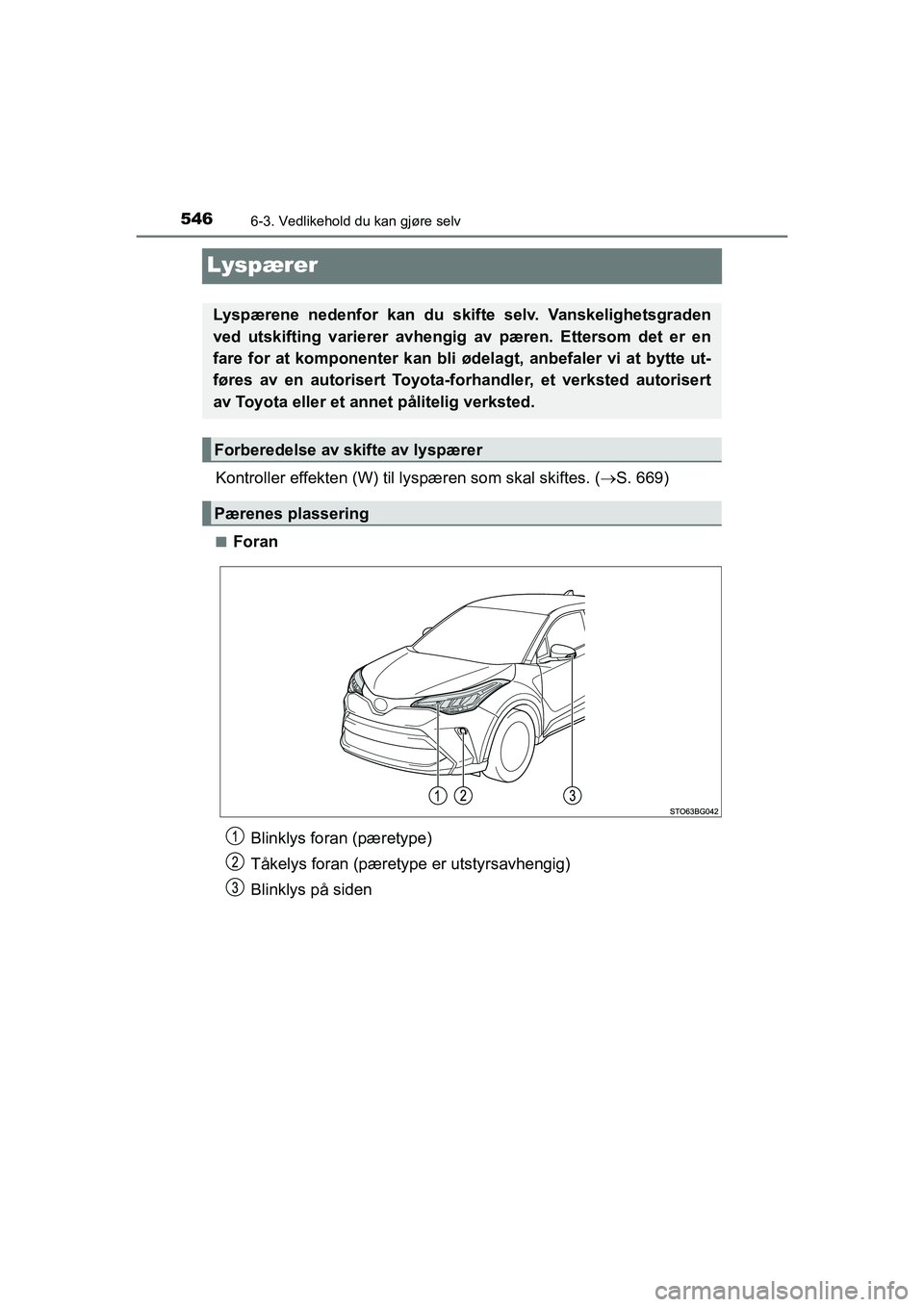 TOYOTA C-HR 2021 Instruksjoner for bruk (in Norwegian) 5466-3. Vedlikehold du kan gjøre selv
C-HR_HV_OM_Europe_OM10566NO
Lyspærer
Kontroller effekten (W) til lyspæren som skal skiftes. ( S. 669)
nForan
Lyspærene nedenfor kan du skifte selv. Vanskel TOYOTA C-HR 2021 Instruksjoner for bruk (in Norwegian) 5466-3. Vedlikehold du kan gjøre selv
C-HR_HV_OM_Europe_OM10566NO
Lyspærer
Kontroller effekten (W) til lyspæren som skal skiftes. ( S. 669)
nForan
Lyspærene nedenfor kan du skifte selv. Vanskel