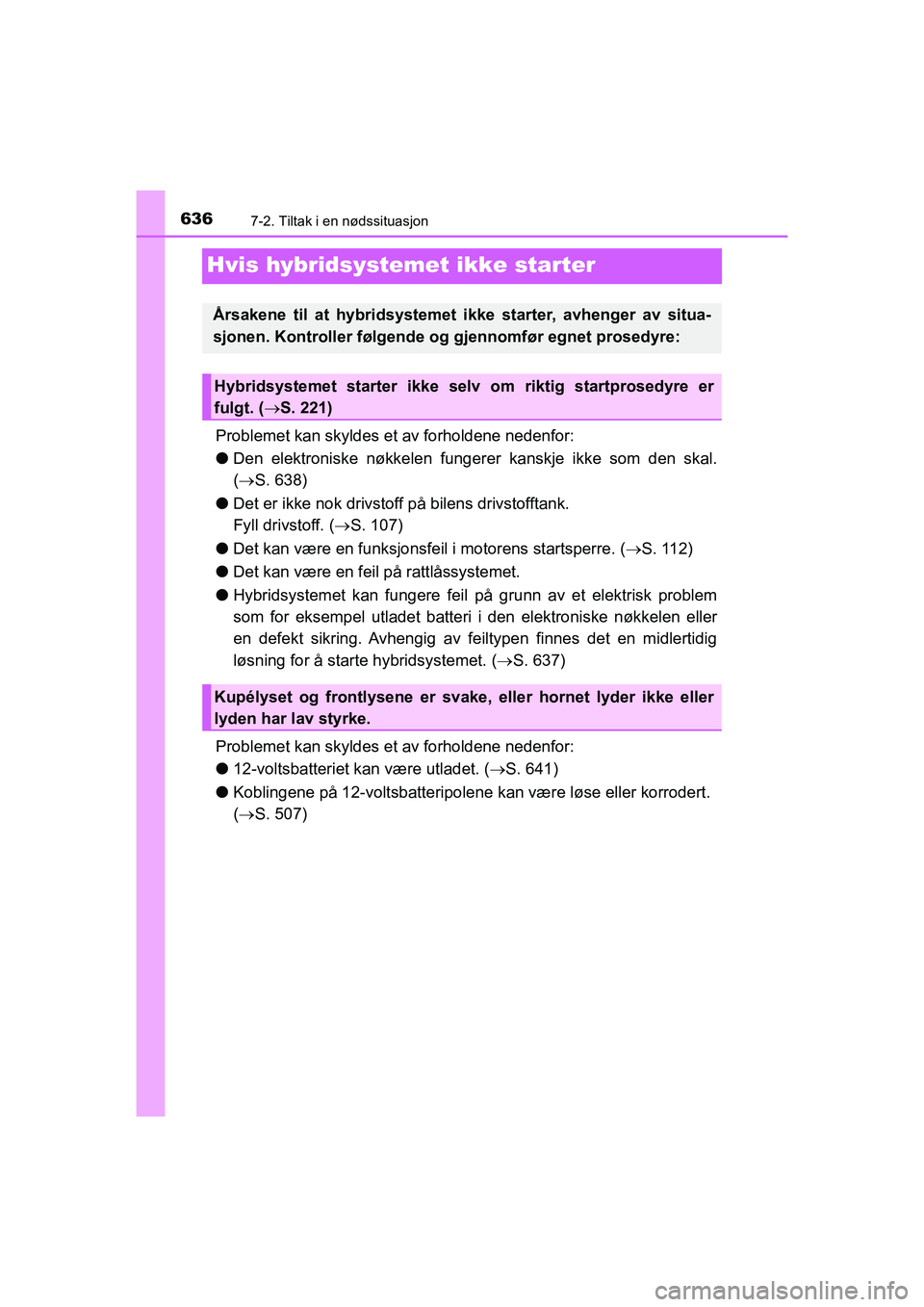 TOYOTA C-HR 2021 Instruksjoner for bruk (in Norwegian) 6367-2. Tiltak i en nødssituasjon
C-HR_HV_OM_Europe_OM10566NO
Hvis hybridsystemet ikke starter
Problemet kan skyldes et av forholdene nedenfor:
lDen elektroniske nøkkelen fungere r kanskje ikke som TOYOTA C-HR 2021 Instruksjoner for bruk (in Norwegian) 6367-2. Tiltak i en nødssituasjon
C-HR_HV_OM_Europe_OM10566NO
Hvis hybridsystemet ikke starter
Problemet kan skyldes et av forholdene nedenfor:
lDen elektroniske nøkkelen fungere r kanskje ikke som
