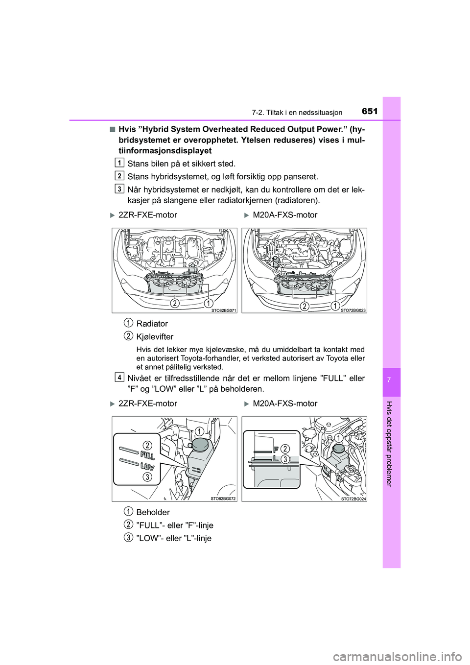 TOYOTA C-HR 2021 Instruksjoner for bruk (in Norwegian) 6517-2. Tiltak i en nødssituasjon
C-HR_HV_OM_Europe_OM10566NO
7
Hvis det oppstår problemer
nHvis ˮHybrid System Overheated Reduced Output Power. ˮ (hy-
bridsystemet er overopphetet. Yt elsen redus TOYOTA C-HR 2021 Instruksjoner for bruk (in Norwegian) 6517-2. Tiltak i en nødssituasjon
C-HR_HV_OM_Europe_OM10566NO
7
Hvis det oppstår problemer
nHvis ˮHybrid System Overheated Reduced Output Power. ˮ (hy-
bridsystemet er overopphetet. Yt elsen redus