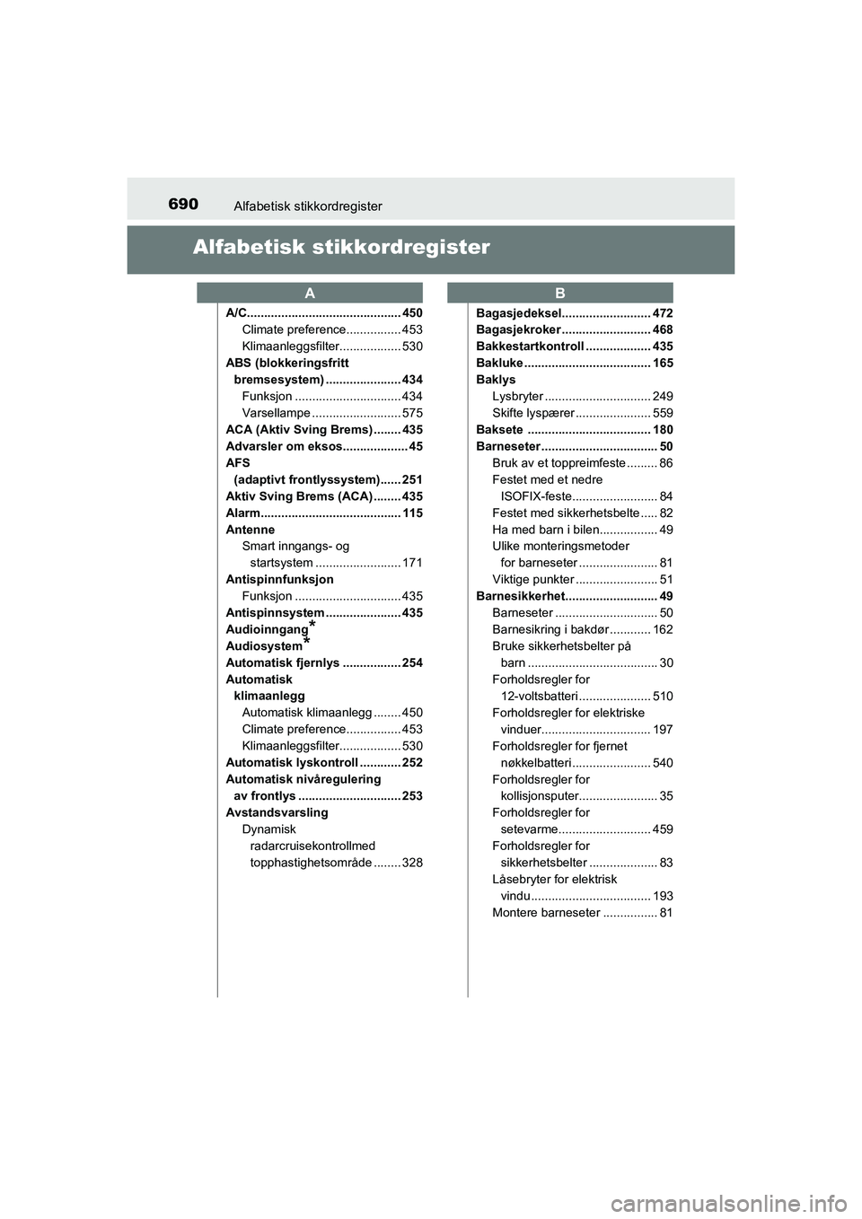 TOYOTA C-HR 2021 Instruksjoner for bruk (in Norwegian) 690Alfabetisk stikkordregister
C-HR_HV_OM_Europe_OM10566NO
Alfabetisk st ikkordregister
A/C............................................. 450
Climate preference................ 453
Klimaanleggsfilter.. TOYOTA C-HR 2021 Instruksjoner for bruk (in Norwegian) 690Alfabetisk stikkordregister
C-HR_HV_OM_Europe_OM10566NO
Alfabetisk st ikkordregister
A/C............................................. 450
Climate preference................ 453
Klimaanleggsfilter..