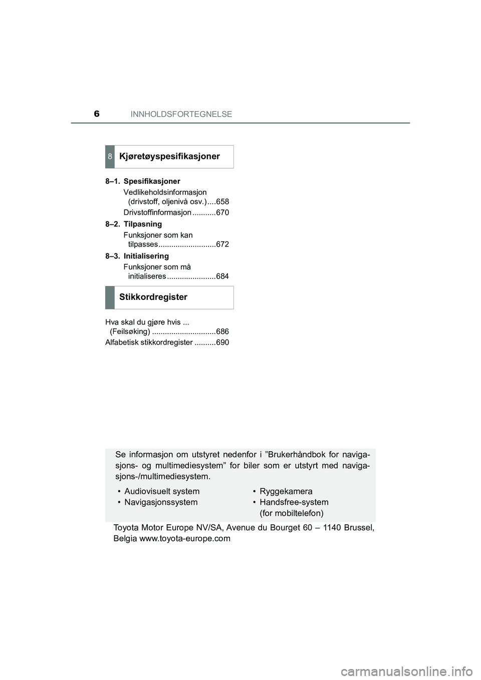 TOYOTA C-HR 2021  Instruksjoner for bruk (in Norwegian) INNHOLDSFORTEGNELSE6
C-HR_HV_OM_Europe_OM10566NO8–1. Spesifikasjoner
Vedlikeholdsinformasjon (drivstoff, oljenivå osv.) ....658
Drivstoffinformasjon ...........670
8–2. Tilpasning Funksjoner som 