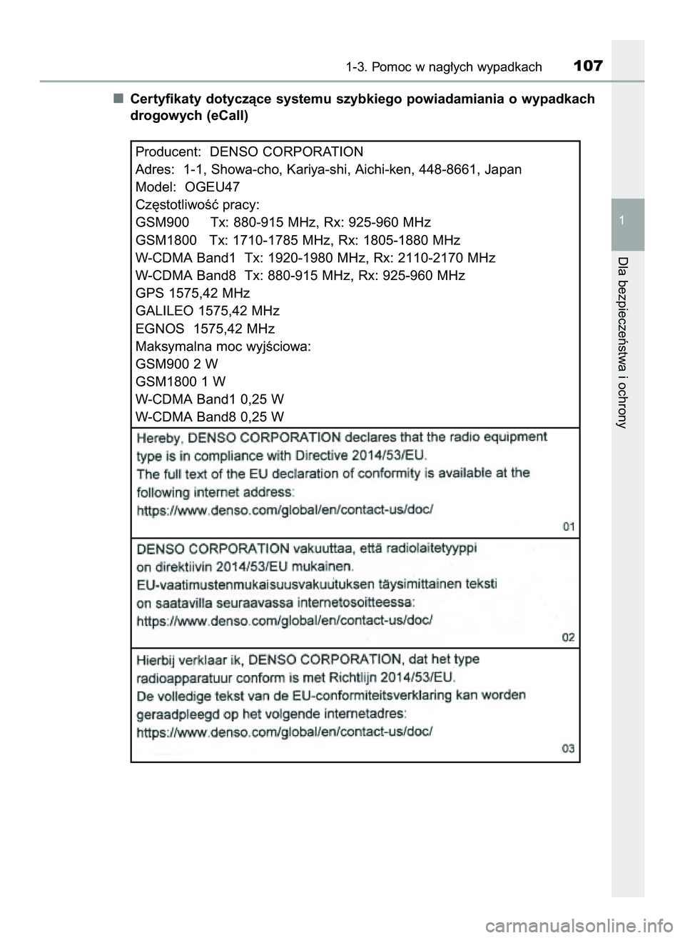 TOYOTA C-HR 2020 Instrukcja obsługi (in Polish) Certyfikaty dotyczàce systemu szybkiego powiadamiania o wypadkach
drogowych (eCall)
1-3. Pomoc w nag∏ych wypadkach107
1
Dla bezpieczeƒstwa i ochrony
Producent: DENSO CORPORATION
Adres: 1-1, Show TOYOTA C-HR 2020 Instrukcja obsługi (in Polish) Certyfikaty dotyczàce systemu szybkiego powiadamiania o wypadkach
drogowych (eCall)
1-3. Pomoc w nag∏ych wypadkach107
1
Dla bezpieczeƒstwa i ochrony
Producent: DENSO CORPORATION
Adres: 1-1, Show