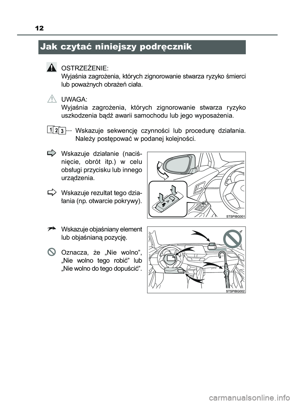 TOYOTA C-HR 2020  Instrukcja obsługi (in Polish) 12
Jak czytaç niniejszy podr´cznik
OSTRZE˚ENIE:
WyjaÊnia zagro˝enia, których zignorowanie stwarza ryzyko Êmierci
lub powa˝nych obra˝eƒ cia∏a.
UWAGA:
WyjaÊnia  zagro˝enia,  których  zign