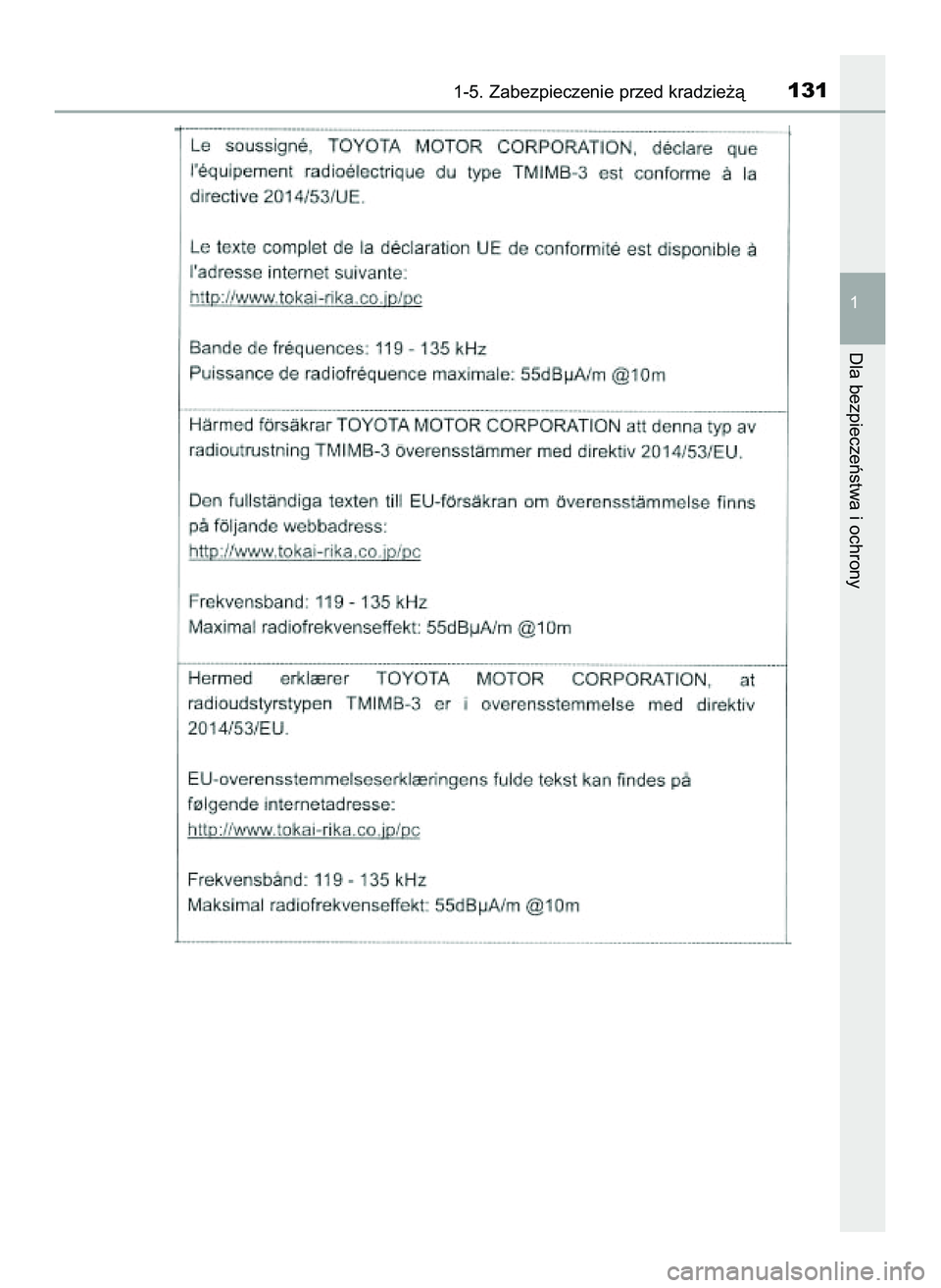TOYOTA C-HR 2020 Instrukcja obsługi (in Polish) 1-5. Zabezpieczenie przed kradzie˝à131
1
Dla bezpieczeƒstwa i ochrony
16 C_HR HV OM10566E 5/7/21 3:43 PM Page 131 (Black plate) TOYOTA C-HR 2020 Instrukcja obsługi (in Polish) 1-5. Zabezpieczenie przed kradzie˝à131
1
Dla bezpieczeƒstwa i ochrony
16 C_HR HV OM10566E 5/7/21 3:43 PM Page 131 (Black plate)
