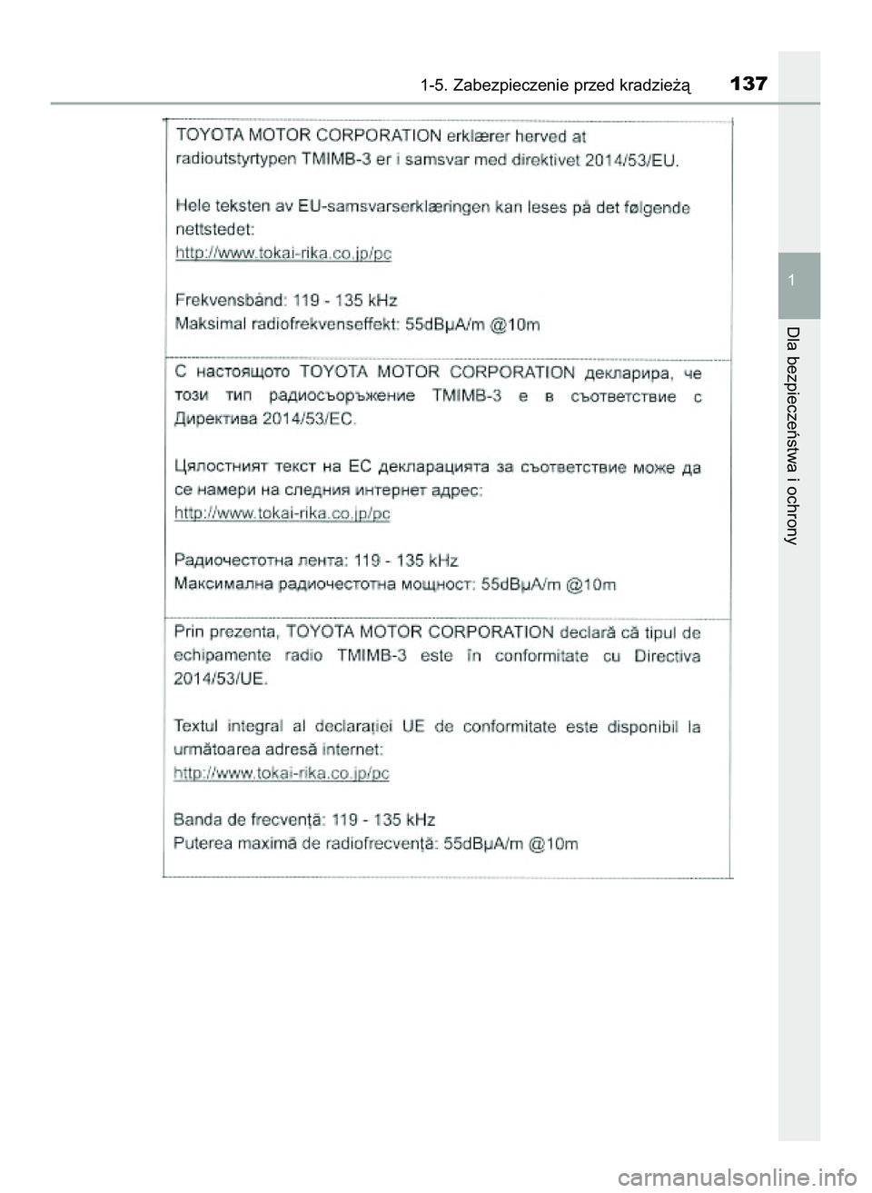TOYOTA C-HR 2020 Instrukcja obsługi (in Polish) 1-5. Zabezpieczenie przed kradzie˝à137
1
Dla bezpieczeƒstwa i ochrony
16 C_HR HV OM10566E 5/7/21 3:43 PM Page 137 (Black plate) TOYOTA C-HR 2020 Instrukcja obsługi (in Polish) 1-5. Zabezpieczenie przed kradzie˝à137
1
Dla bezpieczeƒstwa i ochrony
16 C_HR HV OM10566E 5/7/21 3:43 PM Page 137 (Black plate)