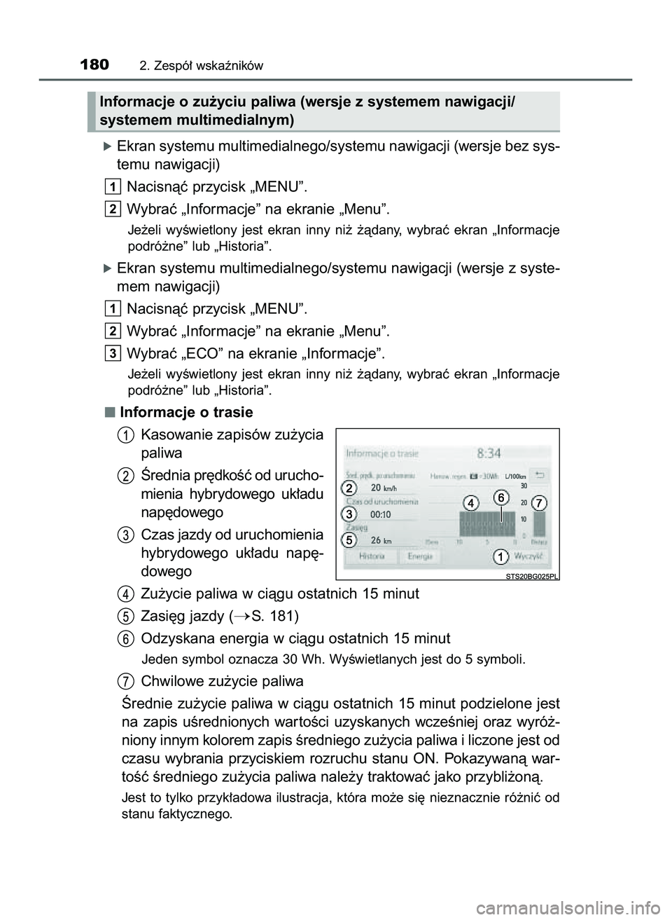 TOYOTA C-HR 2020  Instrukcja obsługi (in Polish) óEkran systemu multimedialnego/systemu nawigacji (wersje bez sys-
temu nawigacji)
Nacisnàç przycisk „MENU”.
Wybraç „Informacje” na ekranie „Menu”.
Je˝eli  wyÊwietlony  jest  ekran  i