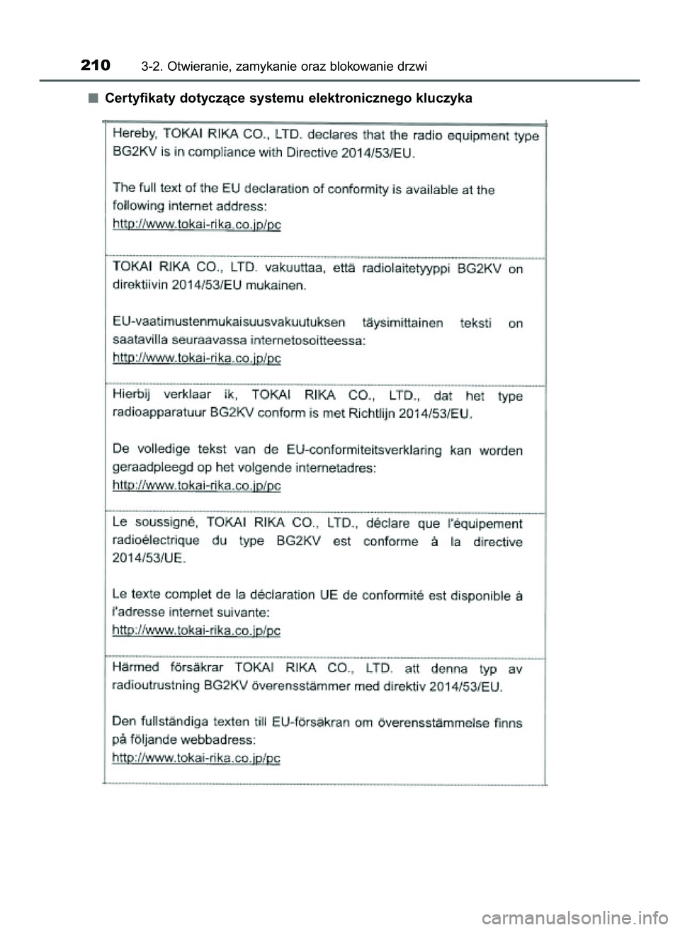 TOYOTA C-HR 2020  Instrukcja obsługi (in Polish) Certyfikaty dotyczàce systemu elektronicznego kluczyka
2103-2. Otwieranie, zamykanie oraz blokowanie drzwi
16 C_HR HV OM10566E  5/7/21  3:43 PM  Page 210    (Black plate) 