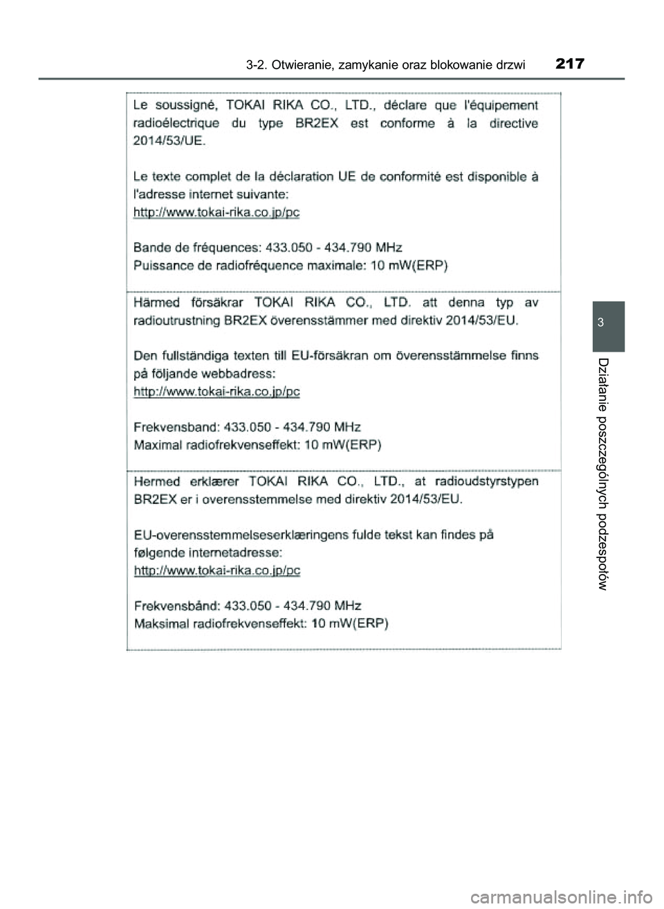 TOYOTA C-HR 2020  Instrukcja obsługi (in Polish) 3-2. Otwieranie, zamykanie oraz blokowanie drzwi217
3
Dzia∏anie poszczególnych podzespo∏ów
16 C_HR HV OM10566E  5/7/21  3:43 PM  Page 217    (Black plate) 