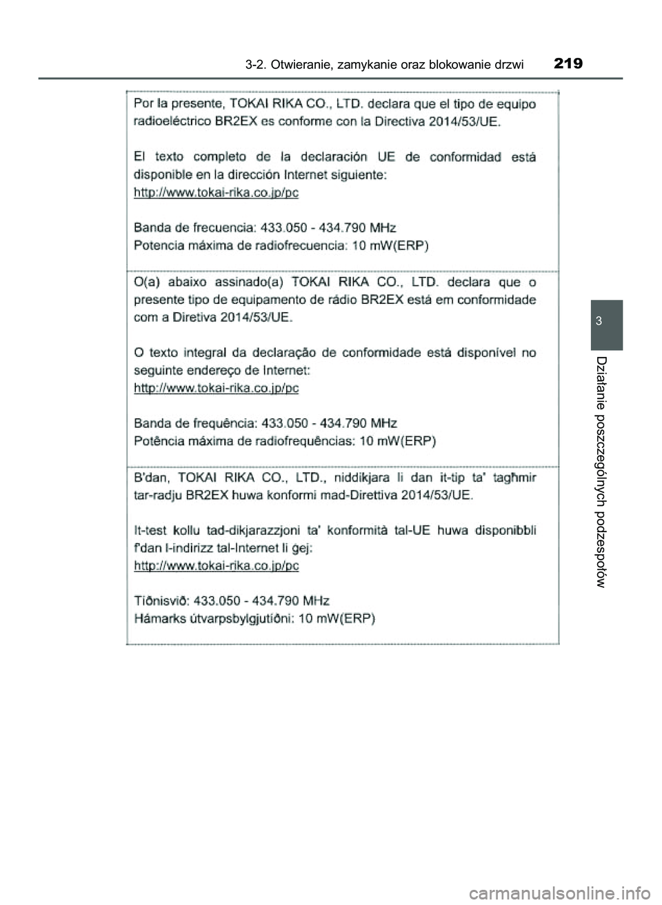 TOYOTA C-HR 2020 Instrukcja obsługi (in Polish) 3-2. Otwieranie, zamykanie oraz blokowanie drzwi219
3
Dzia∏anie poszczególnych podzespo∏ów
16 C_HR HV OM10566E 5/7/21 3:43 PM Page 219 (Black plate) TOYOTA C-HR 2020 Instrukcja obsługi (in Polish) 3-2. Otwieranie, zamykanie oraz blokowanie drzwi219
3
Dzia∏anie poszczególnych podzespo∏ów
16 C_HR HV OM10566E 5/7/21 3:43 PM Page 219 (Black plate)