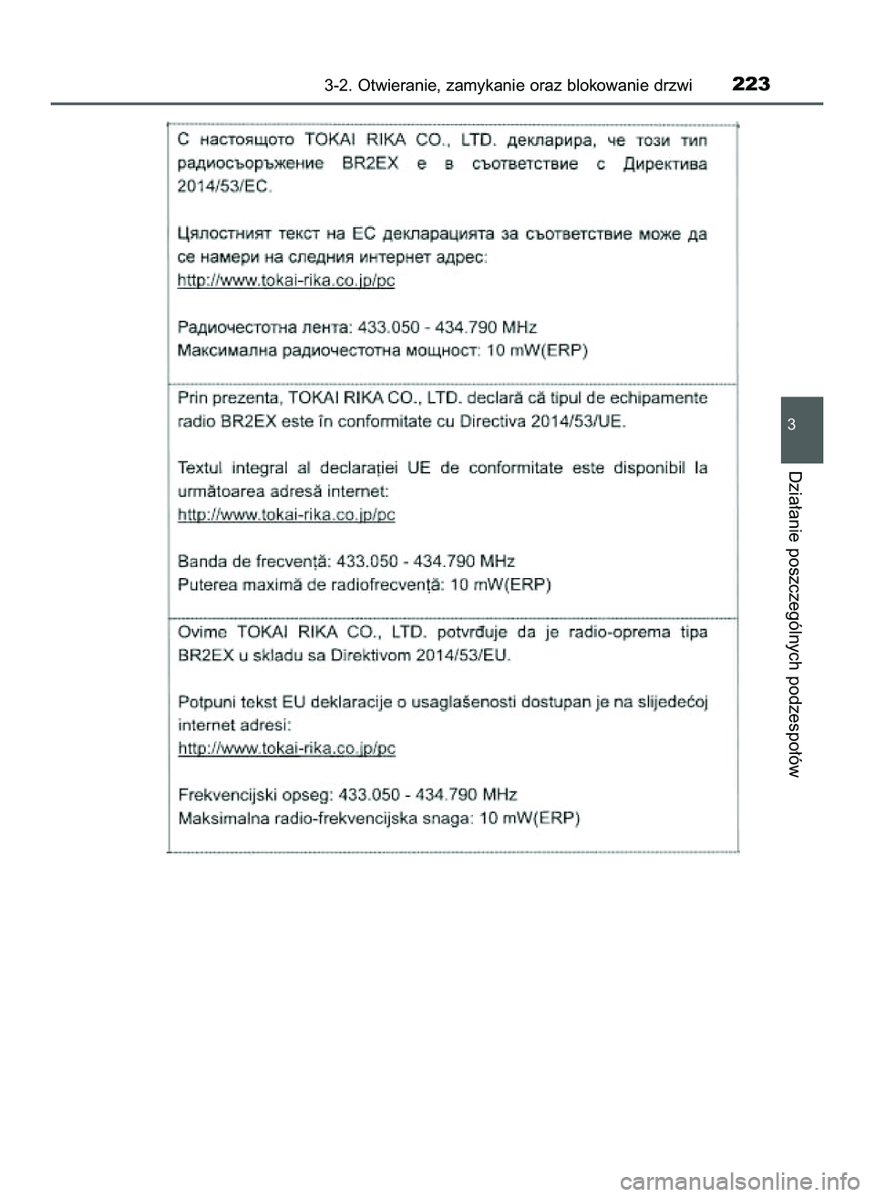TOYOTA C-HR 2020 Instrukcja obsługi (in Polish) 3-2. Otwieranie, zamykanie oraz blokowanie drzwi223
3
Dzia∏anie poszczególnych podzespo∏ów
16 C_HR HV OM10566E 5/7/21 3:43 PM Page 223 (Black plate) TOYOTA C-HR 2020 Instrukcja obsługi (in Polish) 3-2. Otwieranie, zamykanie oraz blokowanie drzwi223
3
Dzia∏anie poszczególnych podzespo∏ów
16 C_HR HV OM10566E 5/7/21 3:43 PM Page 223 (Black plate)