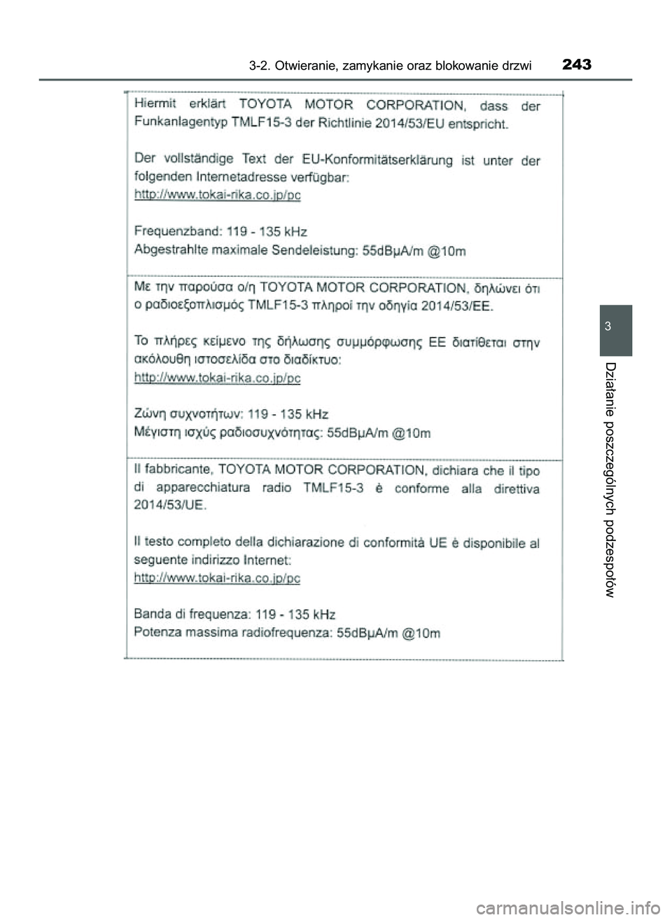 TOYOTA C-HR 2020 Instrukcja obsługi (in Polish) 3-2. Otwieranie, zamykanie oraz blokowanie drzwi243
3
Dzia∏anie poszczególnych podzespo∏ów
16 C_HR HV OM10566E 5/7/21 3:43 PM Page 243 (Black plate) TOYOTA C-HR 2020 Instrukcja obsługi (in Polish) 3-2. Otwieranie, zamykanie oraz blokowanie drzwi243
3
Dzia∏anie poszczególnych podzespo∏ów
16 C_HR HV OM10566E 5/7/21 3:43 PM Page 243 (Black plate)