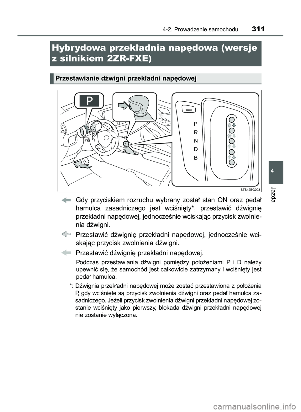 TOYOTA C-HR 2021  Instrukcja obsługi (in Polish) Gdy  przyciskiem  rozruchu  wybrany  zosta∏  stan  ON  oraz  peda∏
hamulca  zasadniczego  jest  wciÊni´ty*,  przestawiç  dêwigni´
przek∏adni nap´dowej, jednoczeÊnie wciskajàc przycisk zw