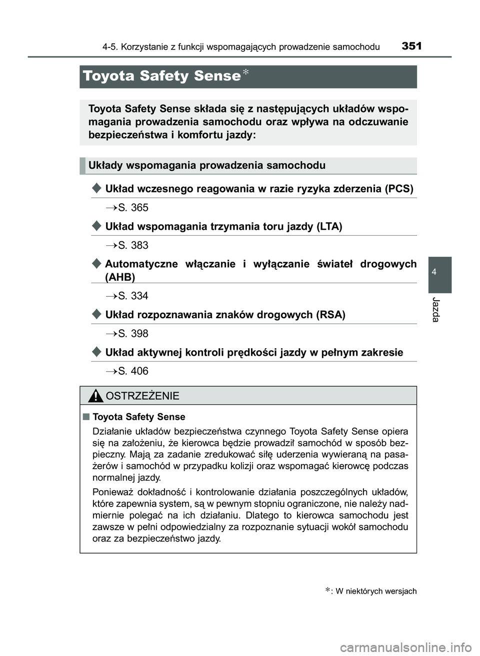 TOYOTA C-HR 2020  Instrukcja obsługi (in Polish) Uk∏ad wczesnego reagowania w razie ryzyka zderzenia (PCS)
S. 365
Uk∏ad wspomagania trzymania toru jazdy (LTA)
S. 383
Automatyczne  w∏àczanie  i wy∏àczanie  Êwiate∏  drogowych
(AHB)
