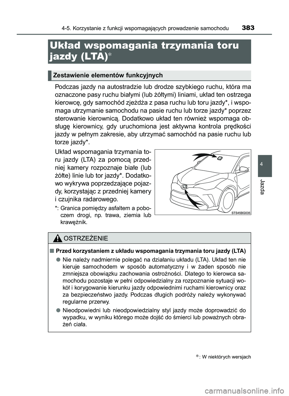 TOYOTA C-HR 2020  Instrukcja obsługi (in Polish) Podczas jazdy na autostradzie lub drodze szybkiego ruchu, która ma
oznaczone pasy ruchu bia∏ymi (lub ˝ó∏tymi) liniami, uk∏ad ten ostrzega
kierowc´, gdy samochód zje˝d˝a z pasa ruchu lub t