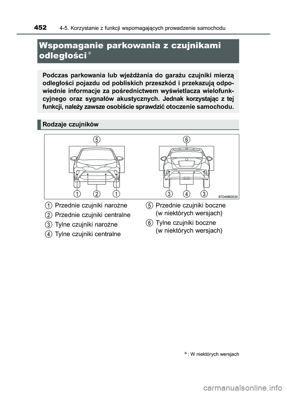 TOYOTA C-HR 2020 Instrukcja obsługi (in Polish) Przednie czujniki naro˝ne
Przednie czujniki centralne
Tylne czujniki naro˝ne
Tylne czujniki centralnePrzednie czujniki boczne
(w niektórych wersjach)
Tylne czujniki boczne
(w niektórych wersjach) TOYOTA C-HR 2020 Instrukcja obsługi (in Polish) Przednie czujniki naro˝ne
Przednie czujniki centralne
Tylne czujniki naro˝ne
Tylne czujniki centralnePrzednie czujniki boczne
(w niektórych wersjach)
Tylne czujniki boczne
(w niektórych wersjach)