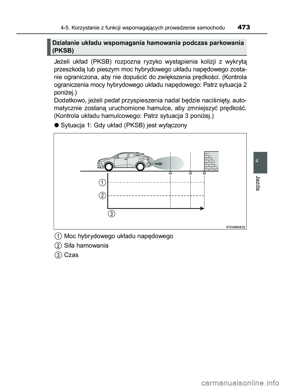TOYOTA C-HR 2020  Instrukcja obsługi (in Polish) Je˝eli  uk∏ad  (PKSB)  rozpozna  ryzyko  wystàpienia  kolizji  z wykrytà
przeszkodà lub pieszym moc hybrydowego uk∏adu nap´dowego zosta-
nie ograniczona, aby nie dopuÊciç do zwi´kszenia pr