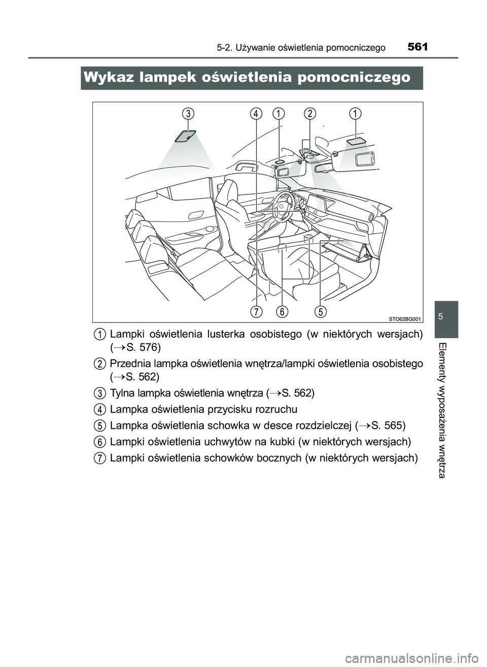 TOYOTA C-HR 2020  Instrukcja obsługi (in Polish) Lampki  oÊwietlenia  lusterka  osobistego  (w  niektórych  wersjach)
(
S. 576)
Przednia lampka oÊwietlenia wn´trza/lampki oÊwietlenia osobistego
(
S. 562)
Tylna lampka oÊwietlenia wn´trza (
