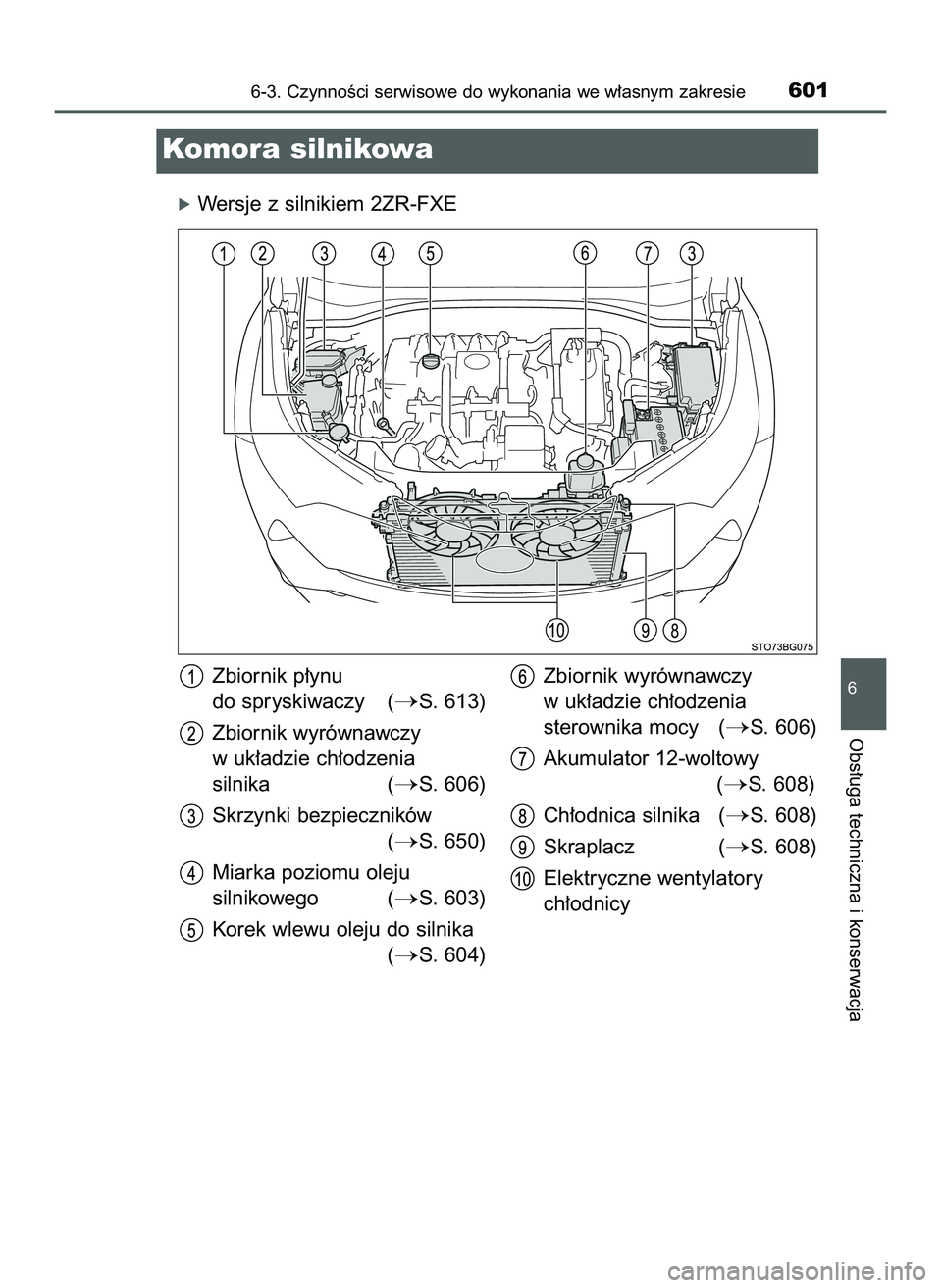 TOYOTA C-HR 2020  Instrukcja obsługi (in Polish) óWersje z silnikiem 2ZR-FXE
6-3. CzynnoÊci serwisowe do wykonania we w∏asnym zakresie601
6
Obs∏uga techniczna i konserwacja
Komora silnikowa
Zbiornik p∏ynu
do spryskiwaczy (
S. 613)
Zbiornik 