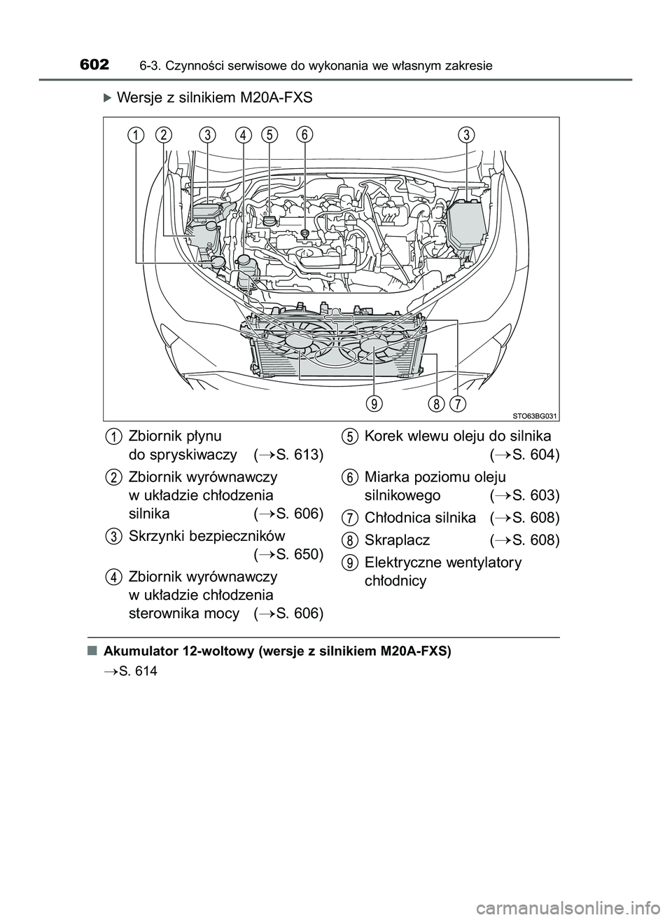 TOYOTA C-HR 2020  Instrukcja obsługi (in Polish) óWersje z silnikiem M20A-FXS
Akumulator 12-woltowy (wersje z silnikiem M20A-FXS)
S. 614
6026-3. CzynnoÊci serwisowe do wykonania we w∏asnym zakresie
Zbiornik p∏ynu
do spryskiwaczy (
S. 613)
Zb