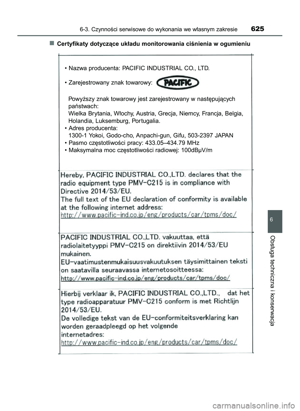TOYOTA C-HR 2020  Instrukcja obsługi (in Polish) Certyfikaty dotyczàce uk∏adu monitorowania ciÊnienia w ogumieniu
6-3. CzynnoÊci serwisowe do wykonania we w∏asnym zakresie625
6
Obs∏uga techniczna i konserwacja
• Nazwa producenta: PACIFIC 