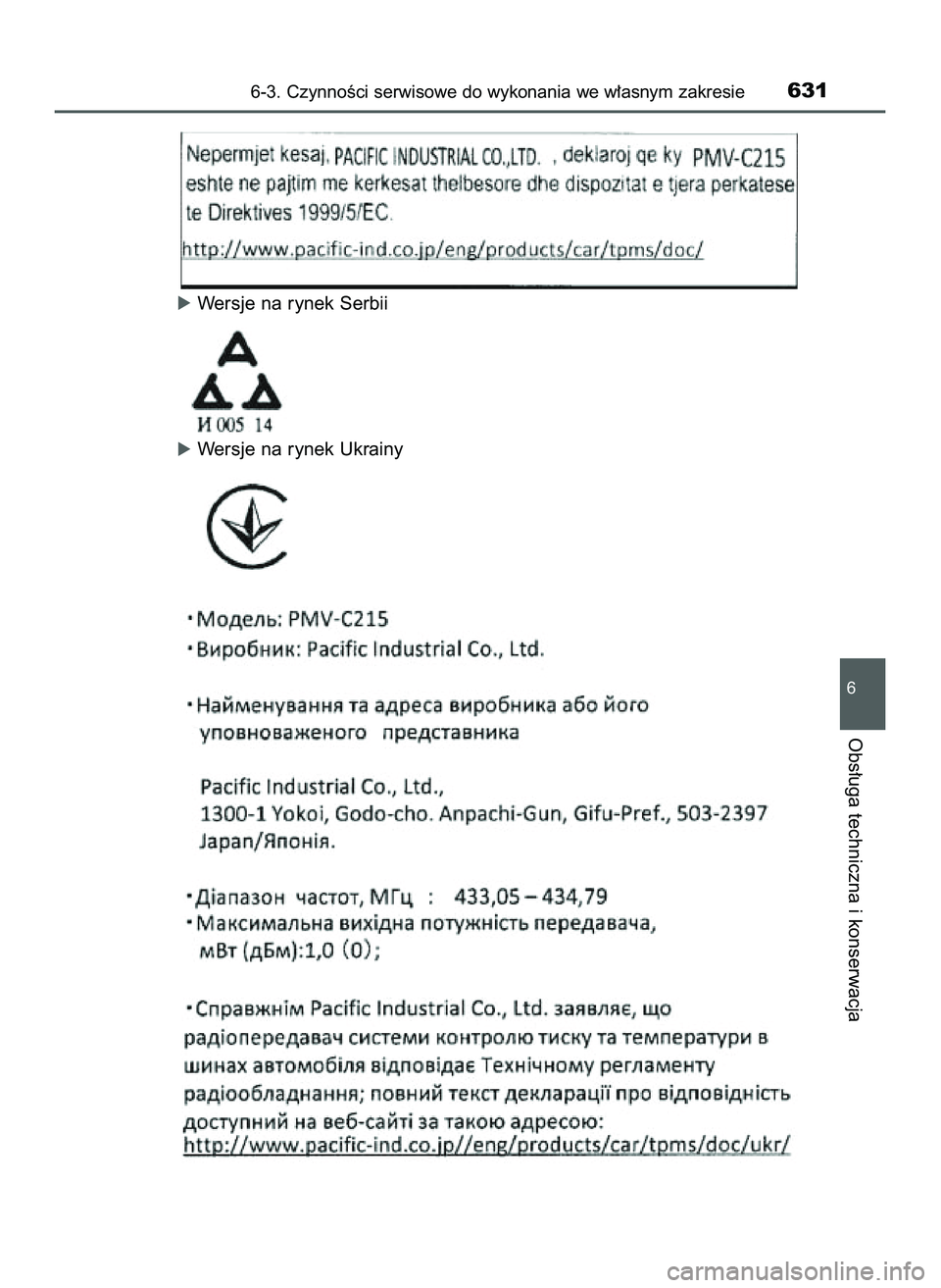 TOYOTA C-HR 2020  Instrukcja obsługi (in Polish) óWersje na rynek Serbii
óWersje na rynek Ukrainy
6-3. CzynnoÊci serwisowe do wykonania we w∏asnym zakresie631
6
Obs∏uga techniczna i konserwacja
16 C_HR HV OM10566E  5/7/21  3:45 PM  Page 631  